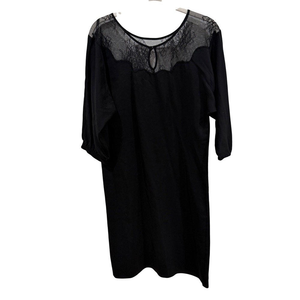 AKA New York Black 100% Silk Lace Yoke Shift Dress Small 3/4 Sleeve Keyhole